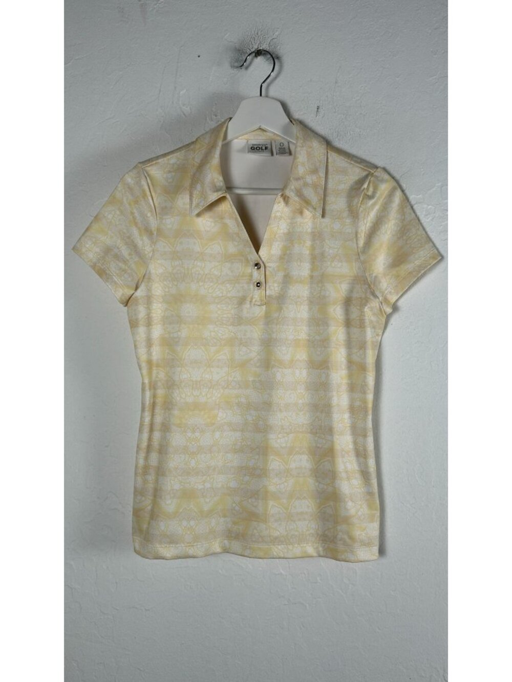 Chico's Zenergy Golf Women Yellow Printed Polo Shirt Size 0 Short Sleeve Stretch